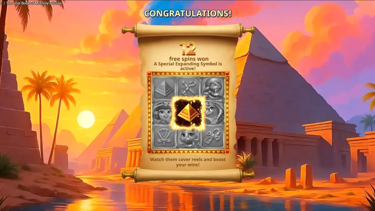 Tampilan visual slot The Lost Book of Mummy’s Curse dengan karakter mumi kartun