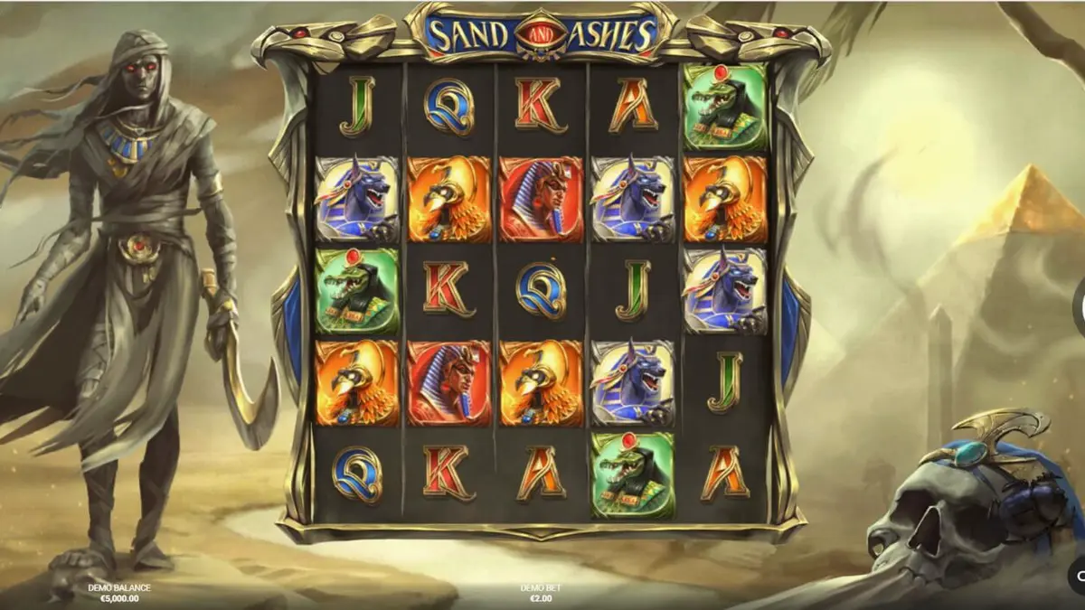 Tampilan visual slot Sand and Ashes dengan tema reruntuhan Mesir Kuno